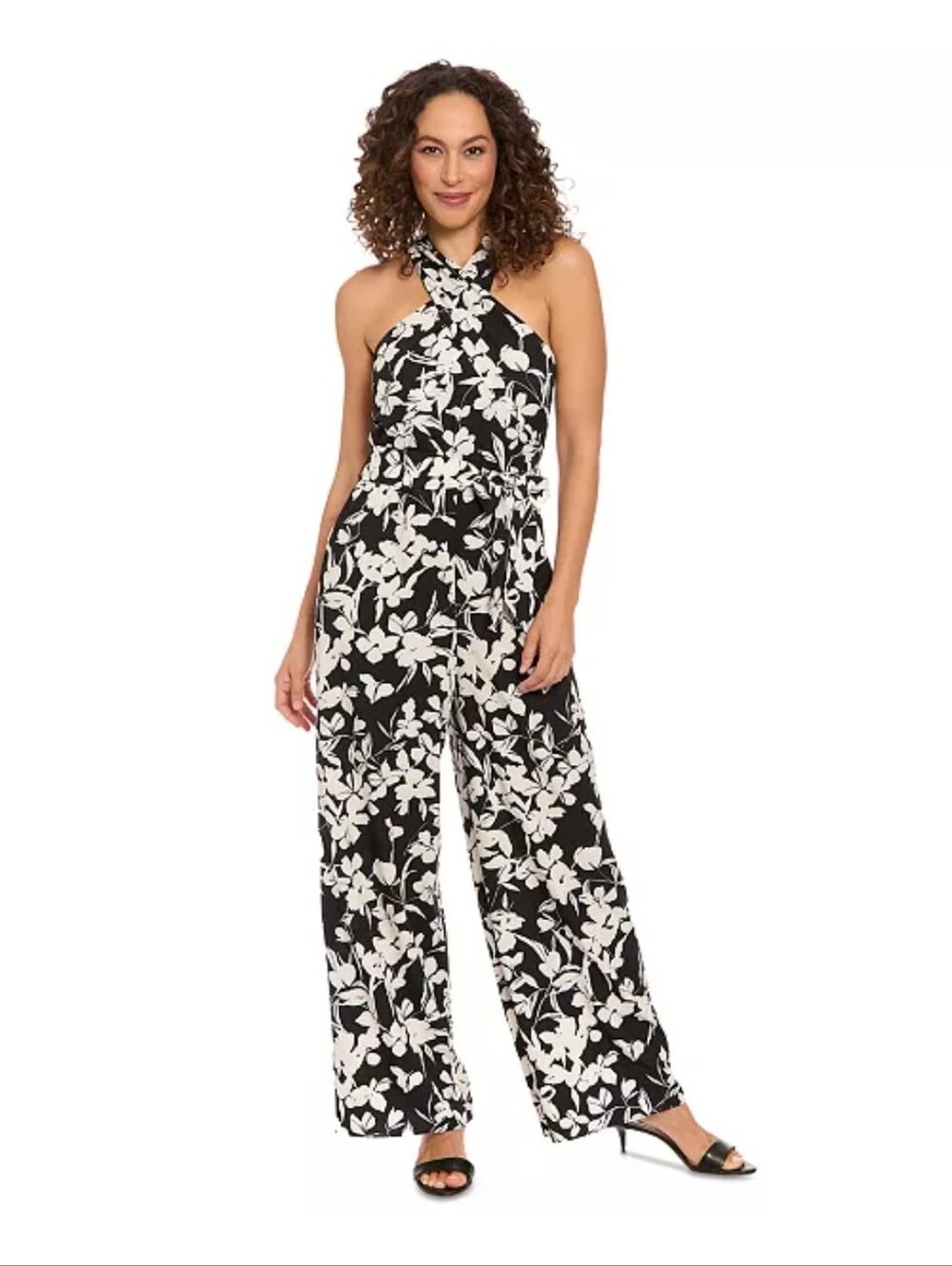 NWT London Times Petites Black White Floral Halter Jumpsuit Size 10P Cocktail